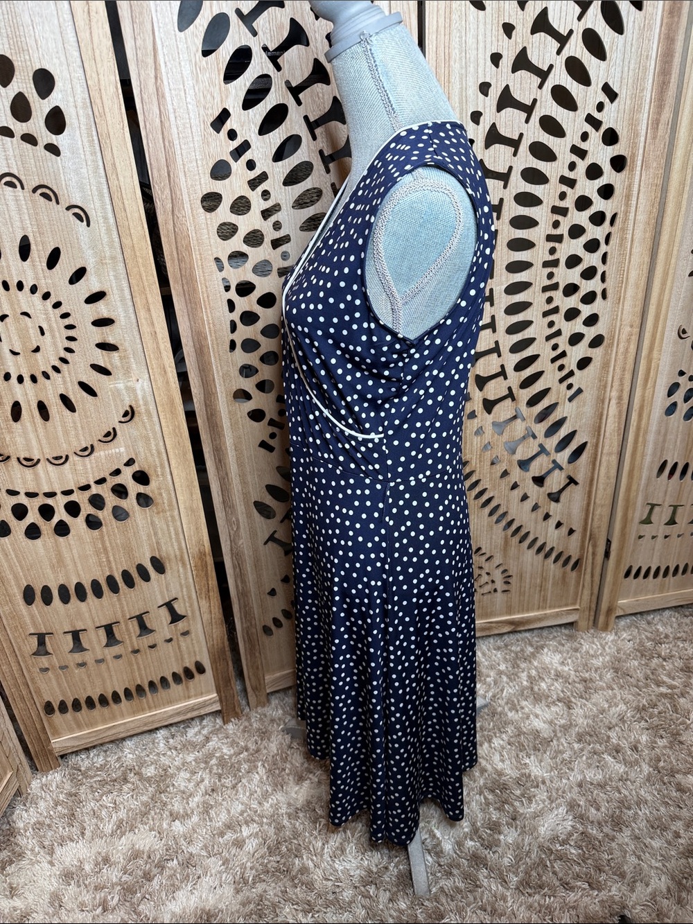Leota Navy and White Polka Dot Midi Wrap Dress - Picture 2 of 4